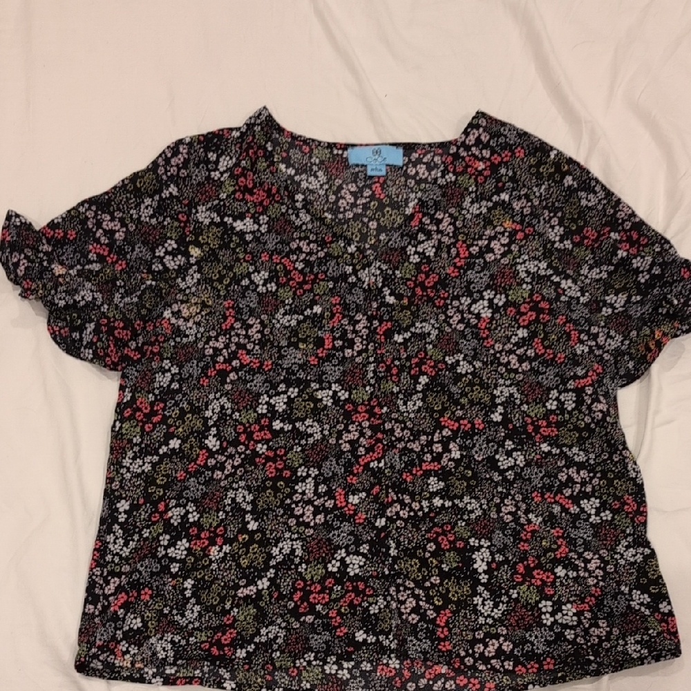 CeCe Black and Red Floral Blouse